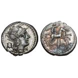 M. Marcius Mn. f. AR Denarius. Rome, 134 BC. Helmeted head of Roma right; modius behind, XVI