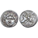 L. Plautius Plancus AR Denarius. Rome, 47 BC. Mask of Medusa facing, without serpents; L•PLAVTIVS