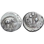 Julius Caesar AR Denarius. Military mint travelling with Caesar, 49-48 BC. Elephant advancing right,