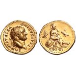 Titus, as Caesar, AV Aureus. Rome, AD 77-78. T CAESAR IMP VESPASIANVS, laureate headt right /