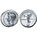 Octavian AR Denarius. Italian mint (Rome?), autumn 31 - summer 30 BC. Bare head left / Victory