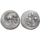 Julius Caesar AR Denarius. Military mint travelling with Caesar, 49-48 BC. Elephant advancing right,