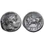 Lucania, Sybaris AR Trihemiobol or heavy Obol. Circa 444-440 BC. Head of Athena right, wearing