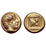 Lesbos, Mytilene EL Hekte. Circa 455-428/7 BC. Bare male head right / Head of calf right within