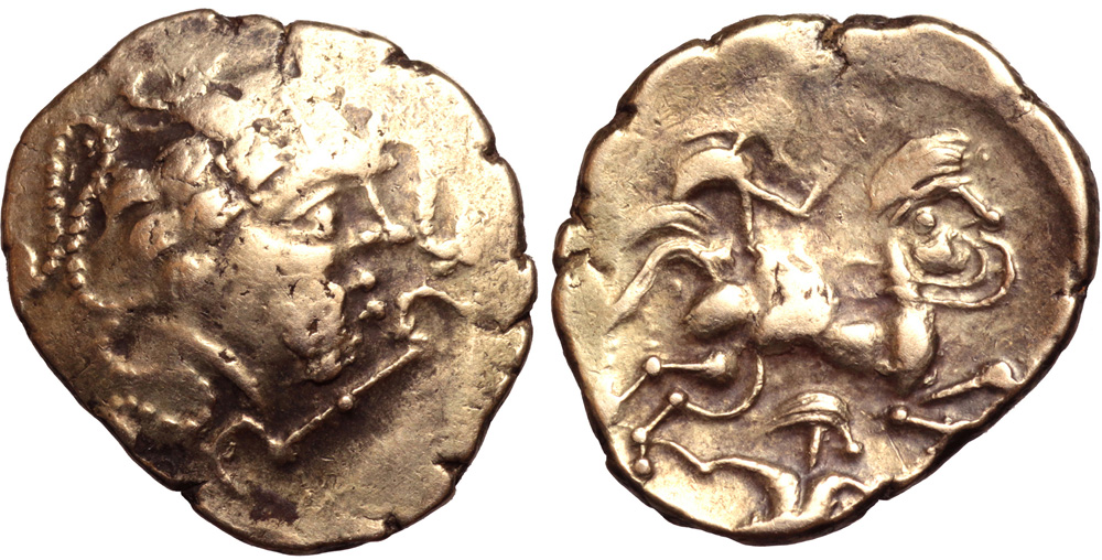 Northwest Gaul, the Namnetes AV Stater. Circa 100-50 BC. Celticized head right, hair flowing behind;