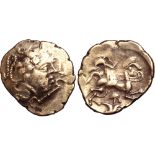 Northwest Gaul, the Namnetes AV Stater. Circa 100-50 BC. Celticized head right, hair flowing behind;