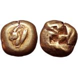 Mysia, Kyzikos EL Stater. Circa 550-500 BC. Head of ibex left; tunny fish behind / Quadripartite