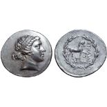 Aeolis, Kyme AR Tetradrachm. Circa 165/55-145/0 BC. Stephanophoric type. Seuthes, magistrate. Head