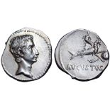 Augustus AR Denarius. Spanish mint (Colonia Patricia?), July 18-17/16 BC. Bare head right /