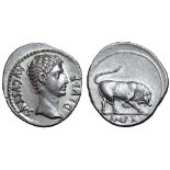 Augustus AR Denarius. Lugdunum, 15-13 BC. AVGVSTVS DIVI•F, bare head right / Bull butting to