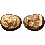 Mysia, Kyzikos EL Stater. Circa 500-450 BC. Forepart of winged lioness to left; tunny fish