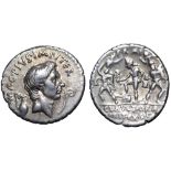 Sextus Pompey AR Denarius. Uncertain mint in Sicily (Catania?), 42-40 BC. Bare head of Pompey Magnus