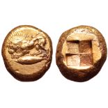 Mysia, Kyzikos EL Stater. Circa 500-450 BC. Lion crouching to left, inclining head to left and