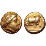 Lesbos, Mytilene EL Hekte. Circa 375-326 BC. Wreathed head of Persephone right / Bull butting left