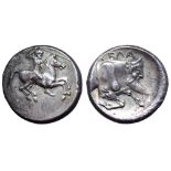 Sicily, Gela AR Didrachm. Circa 490-480 BC. Nude horseman galloping to right, brandishing spear held