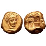 Mysia, Kyzikos EL Stater. Circa 450-330 BC. Laureate head of Apollo, facing slightly to right; tunny