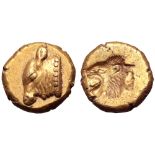 Lesbos, Mytilene EL 1/24 Stater. Circa 521-478 BC. Head of calf to left / Incuse head of lion