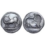 Lucania, Sybaris AR Stater. Circa 530-510 BC. Bull standing left, head right; VM in exergue / Incuse