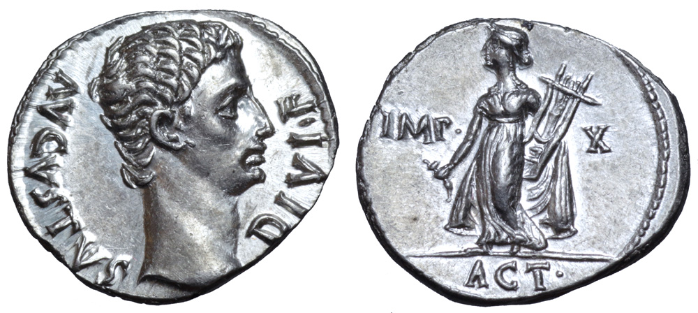 Augustus AR Denarius. Lugdunum, 15-13 BC. AVGVSTVS DIVI•F, bare head right / Apollo Citharoedus of