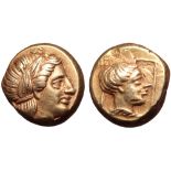 Lesbos, Mytilene EL Hekte. Circa 375-326 BC. Laureate head of Apollo right / Head of female right
