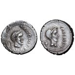 Marc Antony and Julius Caesar AR Denarius. Military mint travelling with Marc Antony in Cisalpine