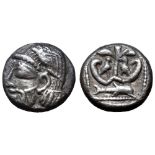 Philistia, uncertain mint AR Drachm - Quarter Shekel. Circa 450-400 BC. Bearded male head left,