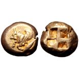 Mysia, Kyzikos EL Stater. Circa 500-450 BC. Forepart of winged bull to left; tunny fish below /