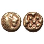Ionia, Miletos EL Hemihekte. Circa 600-550 BC. Lydo-Milesian standard. Head of lion right / Incuse