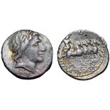 Vergilius, Gargilius, and Ogulnius AR Denarius. Rome, 86 BC. Head of Apollo right, wearing oak