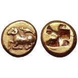 Ionia, Phokaia EL Hekte. Circa 625/00-522 BC. Ram kneeling left, seal above / Quadripartite incuse