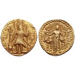 Kushan Empire, Kanishka II AV Dinar. Taxila, 4th emission, circa AD 230-247. Kanishka standing left,