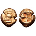 Mysia, Kyzikos EL Stater. Circa 500-450 BC. Corinthian helmet with large crest to left; tunny fish