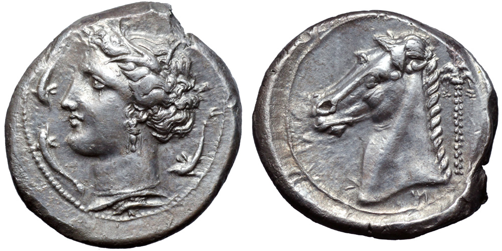 Sicily, Entella AR Tetradrachm. Circa 317-310 BC. Head of Tanit left, wearing wreath of grain