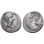 Octavian AR Brockage Denarius. Southern or central Italian mint, summer 37 BC. Bare head right, with