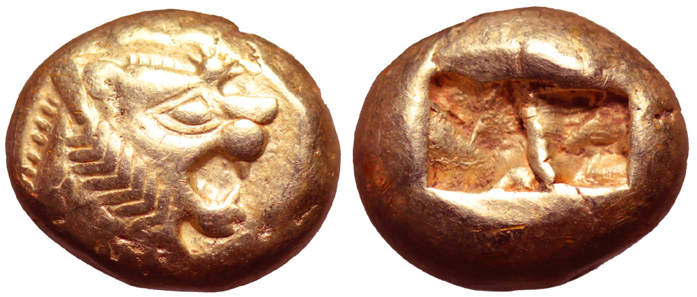 Kingdom of Lydia, Alyattes EL Trite. Sardes, circa 610-546 BC. Head of roaring lion right,