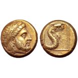 Lesbos, Mytilene EL Hekte. Circa 375-326 BC. Laureate head of Zeus right / Forepart of serpent right