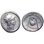 T. Carisius AR Denarius. Rome, 46 BC. Head of Roma right, wearing ornate crested helmet; ROMA