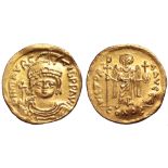 Maurice Tiberius AV Solidus. Constantinople, AD 583-602. D N MAVRC TIb P P AVG, helmeted, draped and