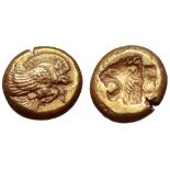 Lesbos, Mytilene EL Hekte. Circa 521-478 BC. Forepart of winged boar right / Incuse head of lion