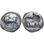 Lucania, Sybaris AR Drachm. Circa 530-510 BC. Bull standing left, head right; VM in exergue / Incuse