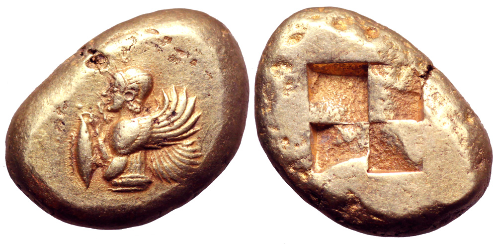 Mysia, Kyzikos EL Stater. Circa 500-450 BC. Half-length bust of a winged female deity to left,