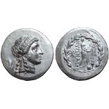 Aeolis, Myrina AR Tetradrachm. Circa 155-145 BC. Stephanophoric type. Laureate head of Apollo