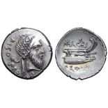 Cnaeus Pompey Magnus AR Denarius. Mint in Greece, 49-48 BC. Cn. Calpurnius Piso, proquaestor. Head