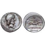 L. Calpurnius Piso Frugi AR Denarius. Rome, 90 BC. Laureate head of Apollo right; anchor behind, T