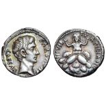 Augustus AR Denarius. Rome, 19-18 BC. P. Petronius Turpilianus, moneyer. CAESAR AVGVSTVS, bare