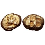 Mysia, Kyzikos EL Stater. Circa 500-450 BC. Winged sphinx crouching to left; tunny fish below /