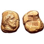 Mysia, Kyzikos EL Stater. Circa 450-330 BC. Laureate and bearded head right; tunny fish below to