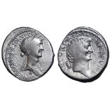 Cleopatra and Marc Antony AR Denarius. Uncertain Eastern mint, autumn 34 BC. [CLEOPATRAE]•REGINAE•