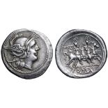Staff series AR Denarius. Etruria, 208 BC. Helmeted head of Roma right; X behind / The Dioscuri