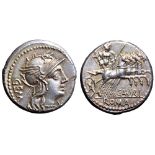 C. Aburius Geminus AR Denarius. Rome, 134 BC. Helmeted head of Roma right; GEM behind, XVI